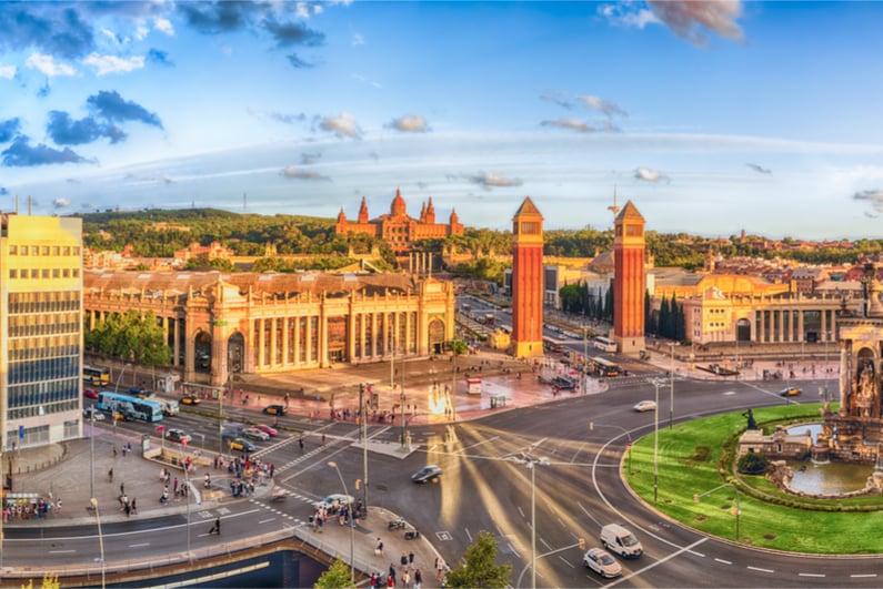 Panoramic view of Placa d'Espanya, a major landmark in Barcelona