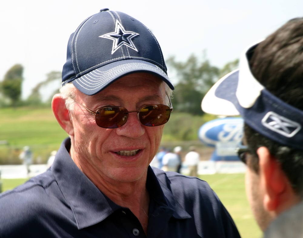 jerry jones wearing dallas cowboys gear